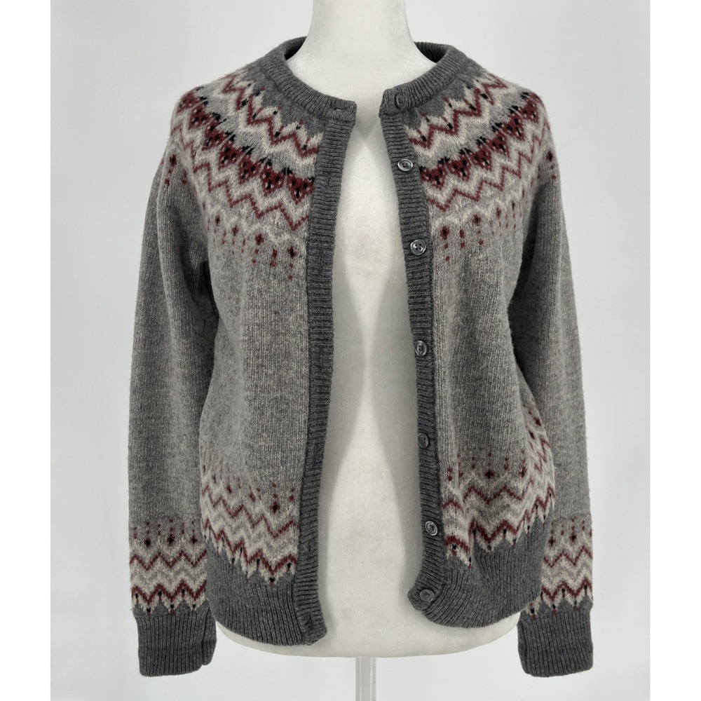 Women's Sm Woolovers Cardigan 100% Lambswool Nordic FairIsle Yoke Fox Print Gray